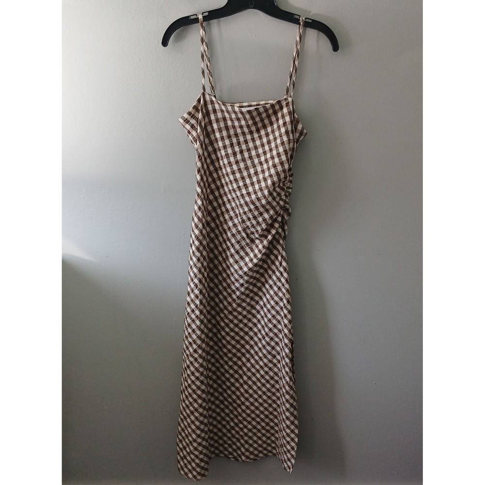 House of Harlow 1960 Size Medium Midi Dress Side Ruching Gingham Spaghetti Strap